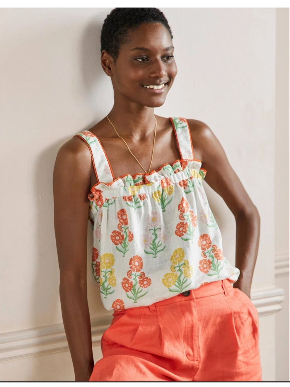 BODEN Ruffle Detail Linen Top Sleeveless Floral Orange Yellow Size 14